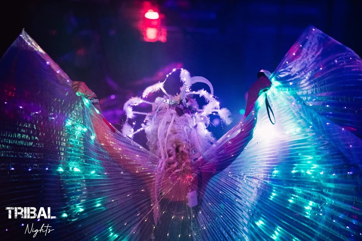 A dancer with luminous wings at a Tribal Nights event